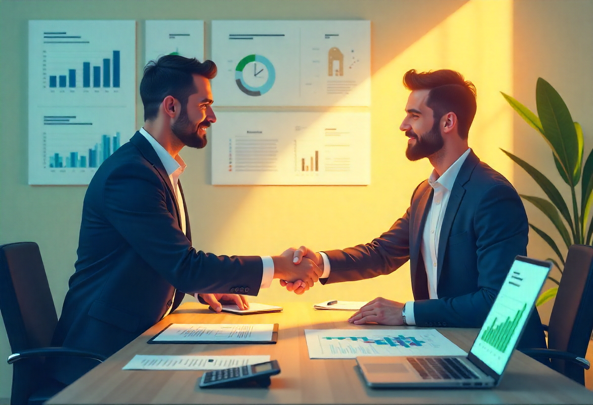 Two business professionals shaking hands across a desk with charts and graphs in the background, symbolizing a successful partnership or agreement.