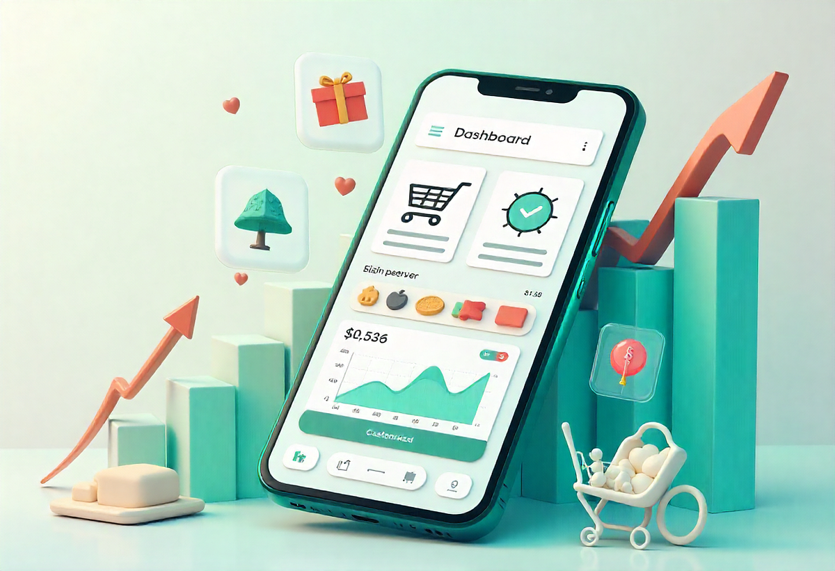 3D-rendered smartphone screen showing an e-commerce dashboard with charts, icons, and shopping cart elements, representing business growth through apps.