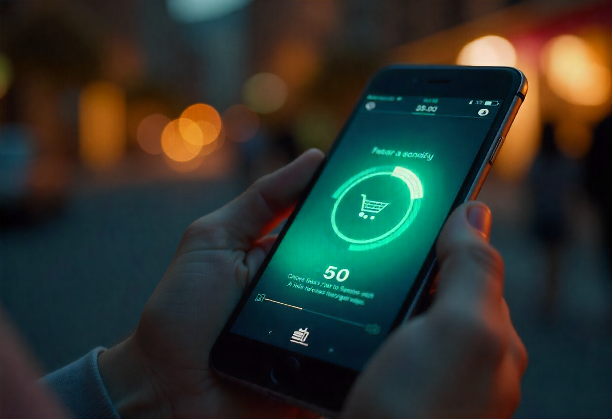 Close-up of a hand holding a smartphone displaying a shopping app interface, with a glowing progress circle indicating purchase activity.