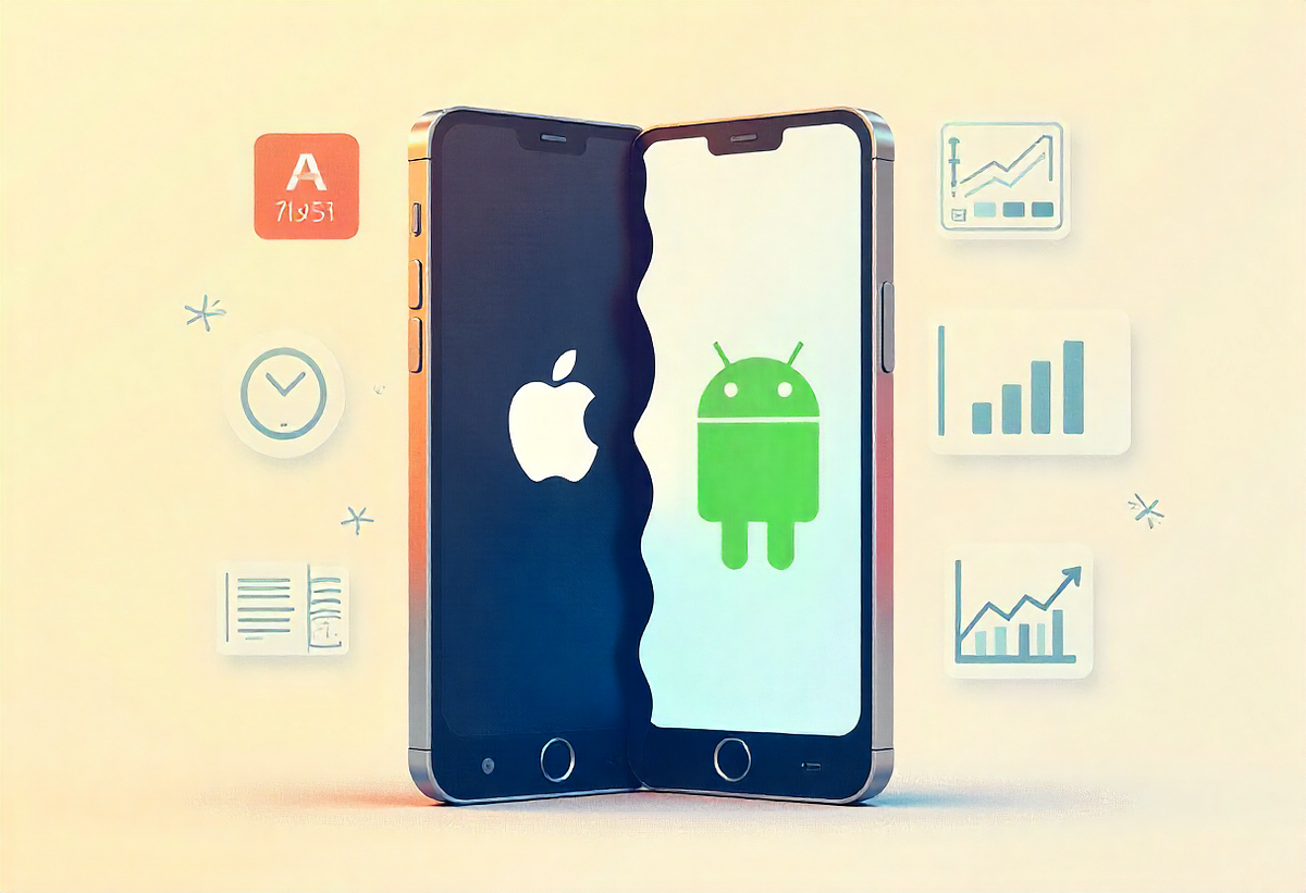 Two smartphones side by side, one with the Apple logo and the other with the Android logo, representing cross-platform mobile app development.