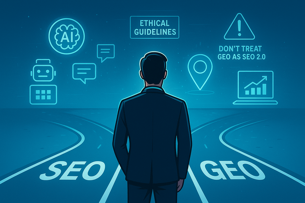 Business professional choosing between SEO and GEO marketing paths with AI, ethics, and analytics icons in the background.