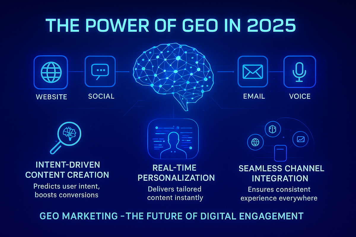 Futuristic infographic showing the power of Generative Engine Optimization in 2025, highlighting intent-driven content creation, real-time personalization, and seamless channel integration across website, social, email, and voice platforms.