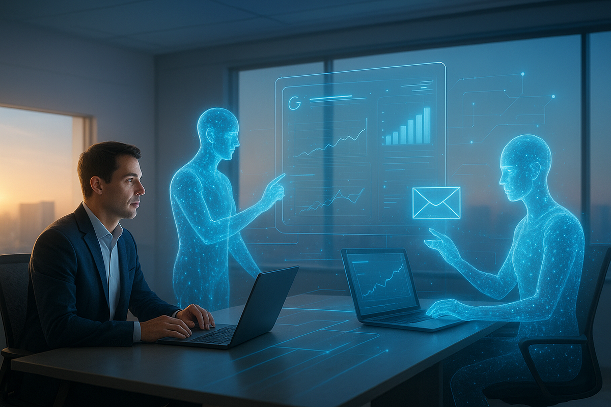 Illustration of agentic AI systems automating tasks, collaborating with workers, and enhancing workplace productivity through autonomous decision-making.