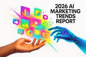 A business marketing workflow automated by AI tools in 2026, showing data dashboards, content generation, and campaign optimization.